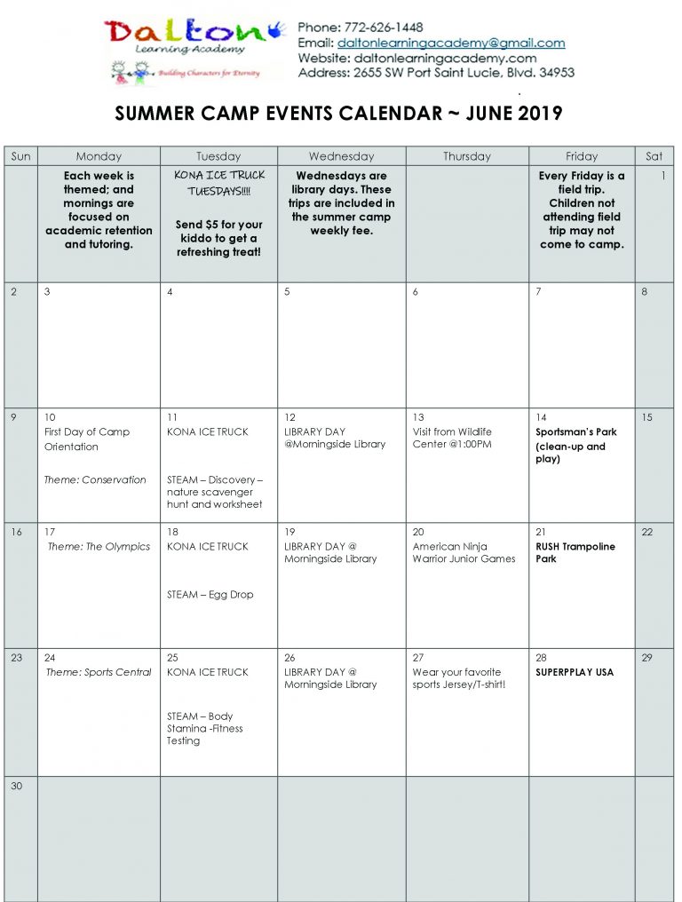 Summer Camp Calendar Dalton Learning Center PSL